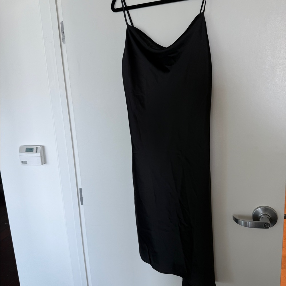 Draped Neck Black Satin Dress